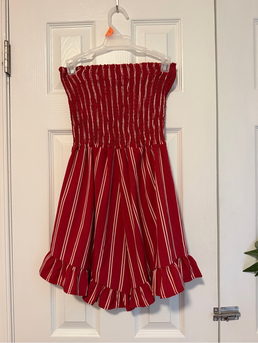 Red/Burgundy Striped Romper with Ruffle Hem